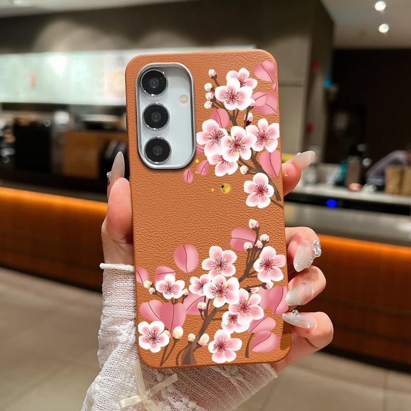 Color Floral Print Matte Leather Texture Phone Case For Samsung S25 S24 FE S23 Ultra S22 S21 A16 A56 A36 A15 A55 A35 Soft Slim TPU Shockproof  Cover