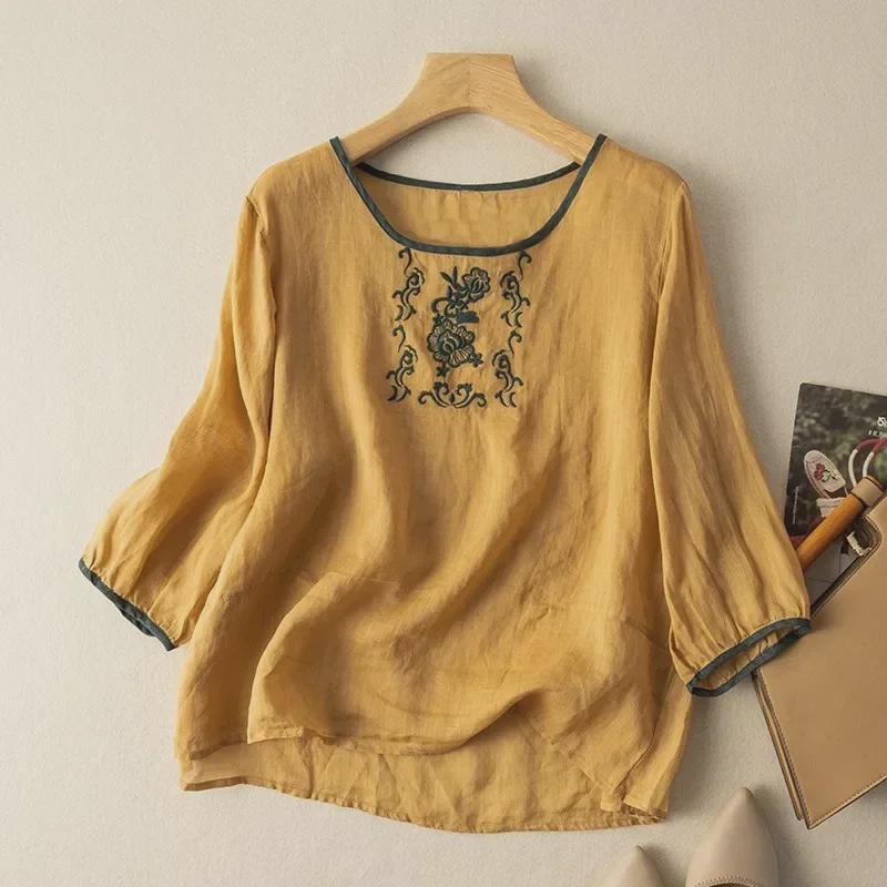 2024 Chinese Style Embroidered Three-Quarter Sleeve Cotton-Linen Pullover