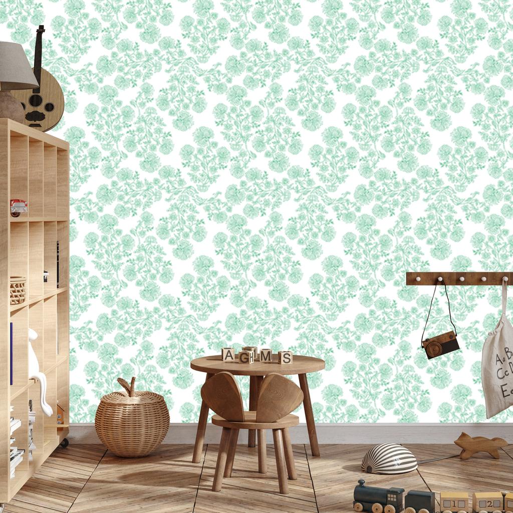 Wallpaper Flowers white and mint, white background for living room and bedroom 50x1000