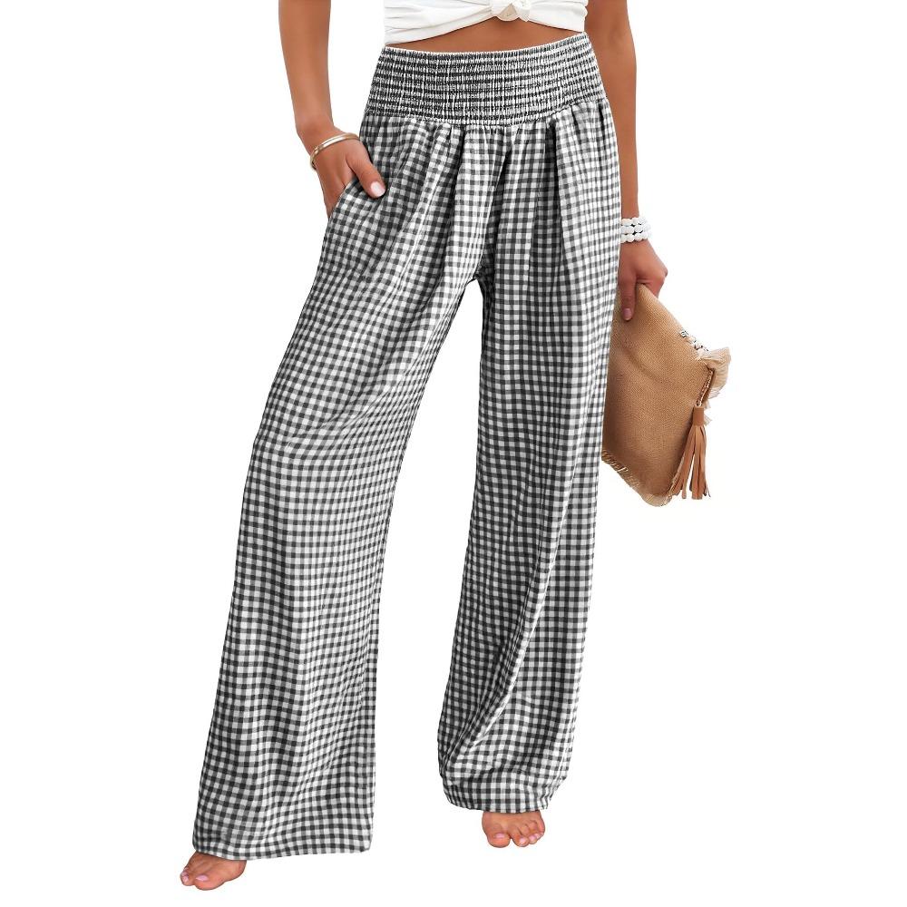 Plaid Wide-leg Pants, High-waisted, Slimming, Fashionable and Casual, Stretched-waist Pocket Trousers