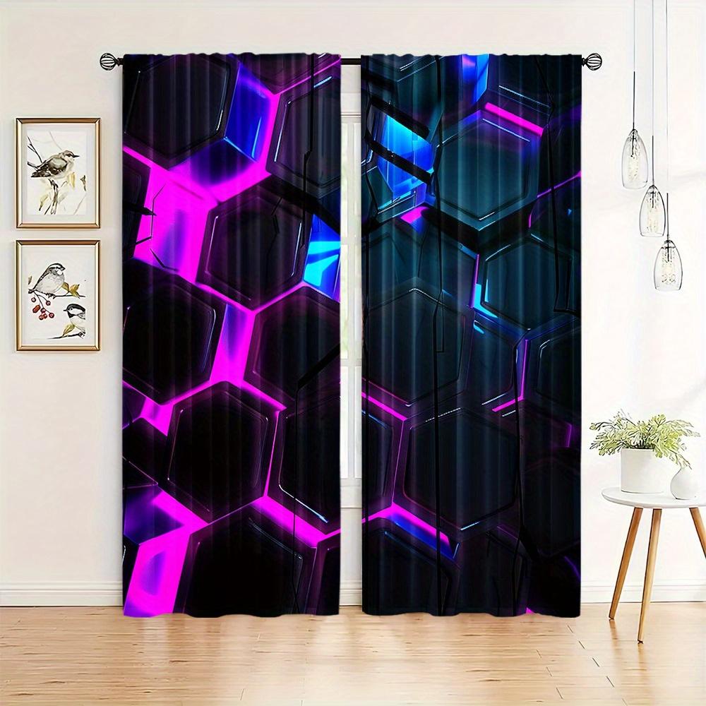 2pcs Futuristic Hexagon Pattern Printed Curtains, Digital Print Drapes Polyester for Living Room, Bedroom, Kitchen, Home Decor