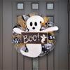 Specter Wood Sign for Halloween Colorful Flower Wreath Festives Window and Wall Decoration Waterproof Door Ornament