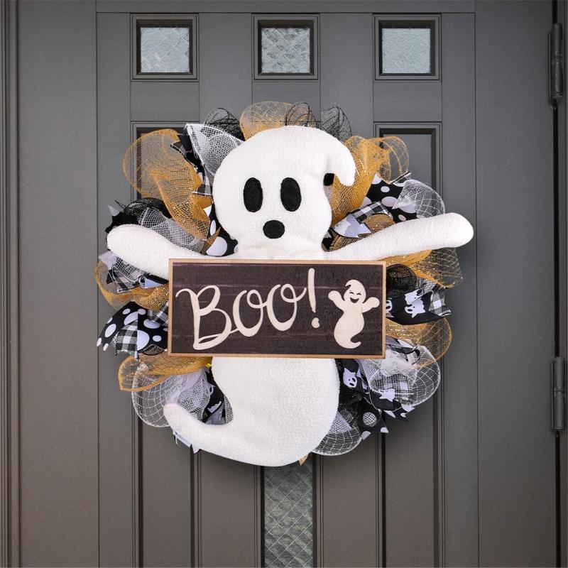 Specter Wood Sign for Halloween Colorful Flower Wreath Festives Window and Wall Decoration Waterproof Door Ornament