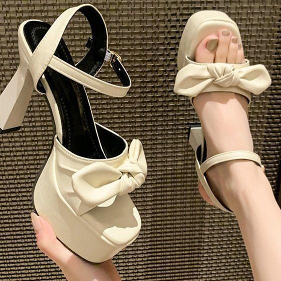 Temperament High-heeled Women's Shoes 2025 Summer New European and American Elegant Bow Waterproof Table Square Head Open-toed Thick-heeled Sandals