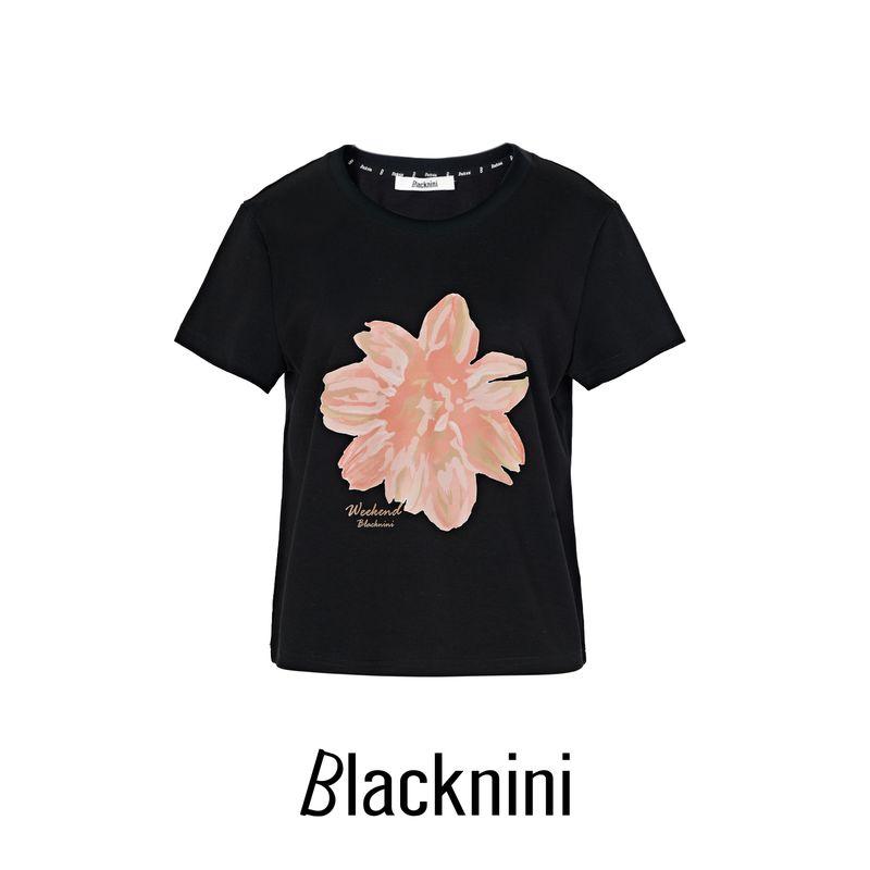 

Blacknini Yin Huafu/Swan Neck Du + Luxury Brand Printing Crafts Elegant Yarn Cotton Short Sleeve T-shirt (Two Colors) Black S