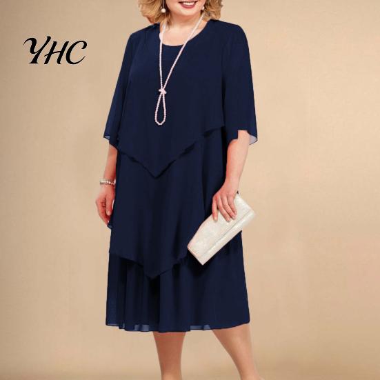 Layered Hem Flowy Dress Women Spring Summer Midi O-neck Half Sleeve Party Wedding Guest Elegant Chiffon