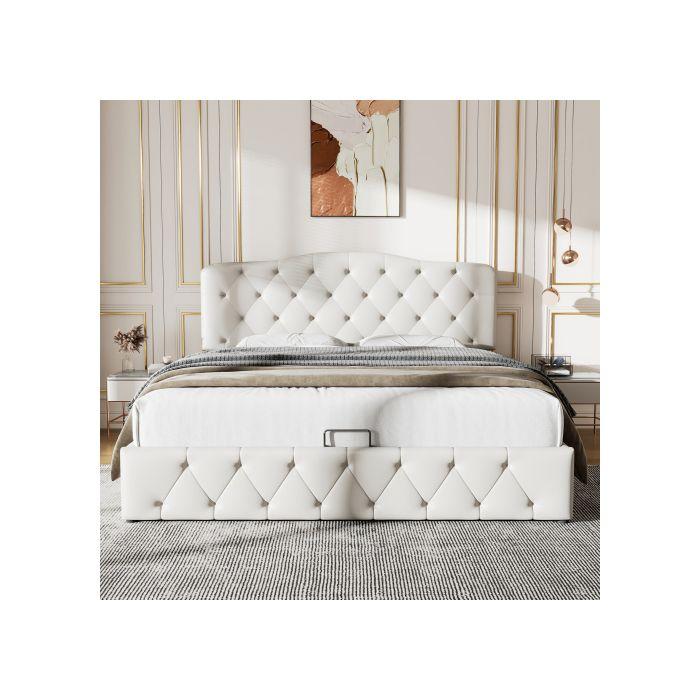 Lit Rembourré - MUVOE - 140 X 200 - Tête De Lit Réglable - Cuir Synthétique - Blanc