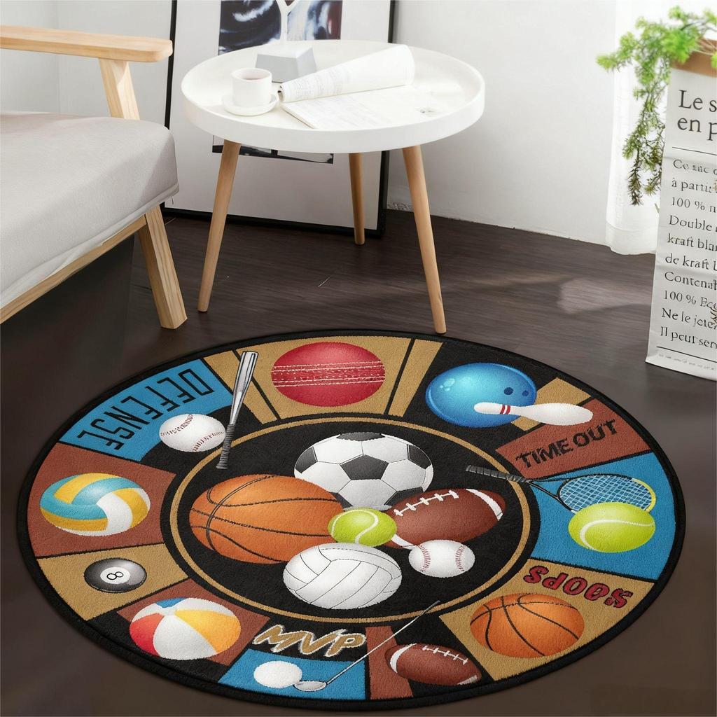 Sports Ball Realistic Basketball Baseball Soccer Round Mat Non-slip Carpet Rug for Living Game Room Home Decoration Bedroom Rugs