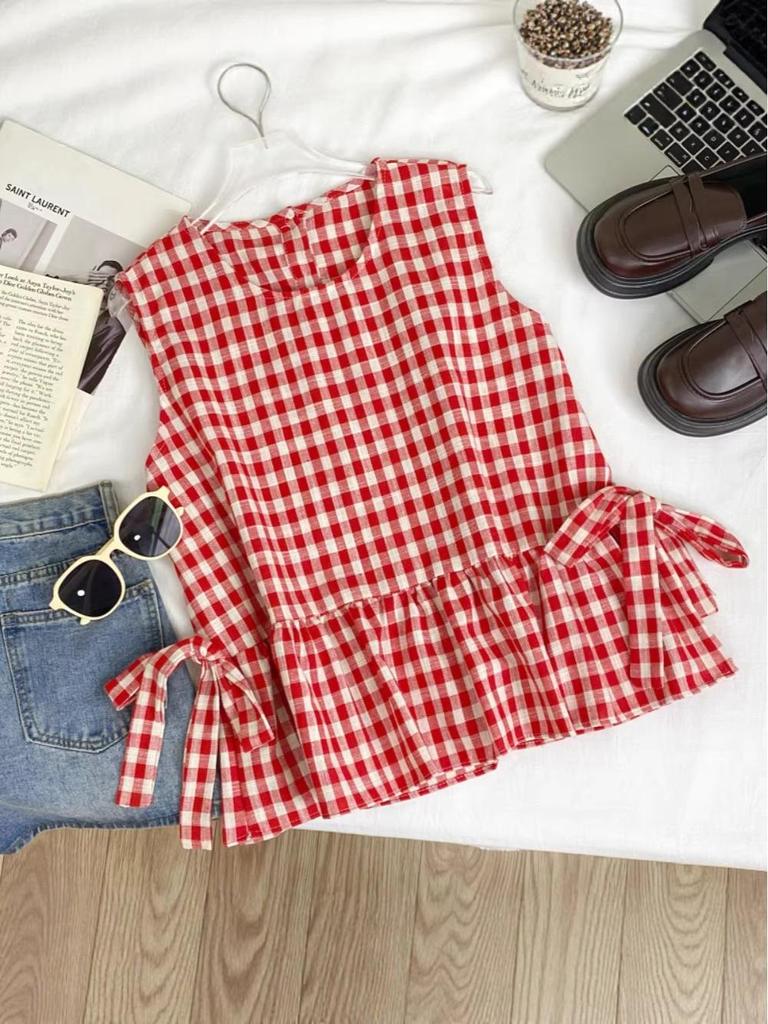 Retro Plaid Sleeveless Ruffle Vest with Bow Tie for Women