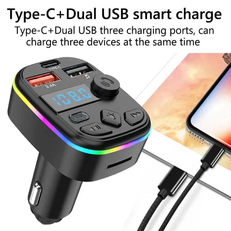 Car Phone Charger, Bluetooth Hands-free Calling Player, Colorful Car Fast Charging, Multi Port Charging Cable, Charging Head