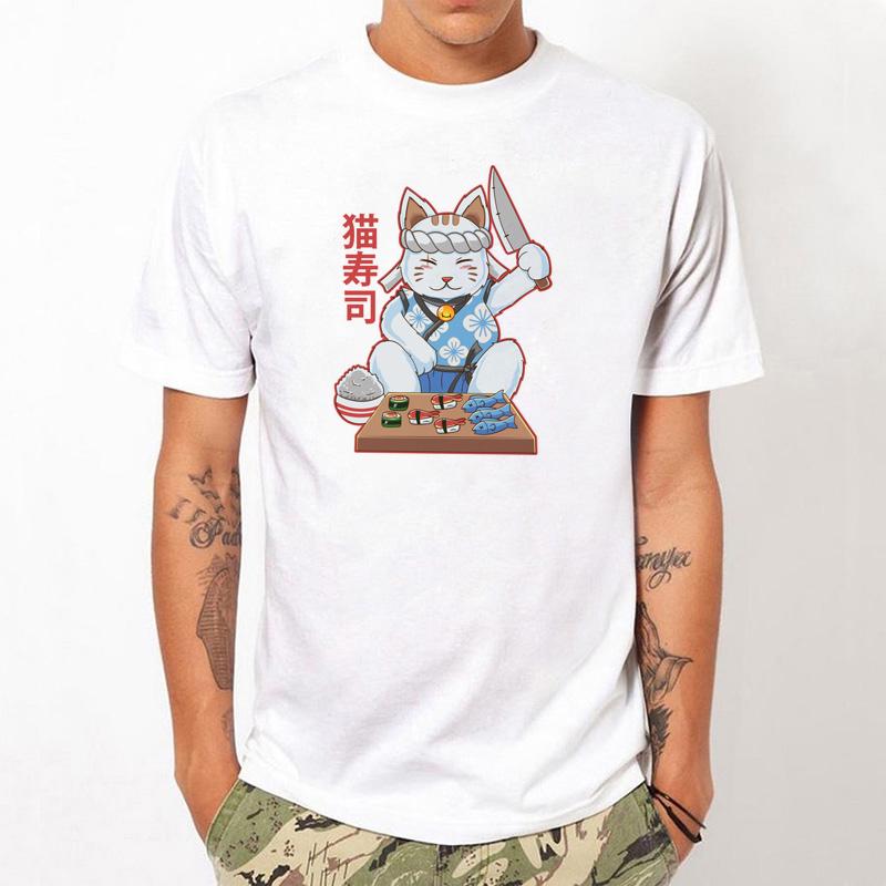Men White Top Maneki Neko Sushi Bar Kawaii Raw Cat Food Japanese Chef T Shirt T Shirt Buy At A Low Prices On Joom E Commerce Platform
