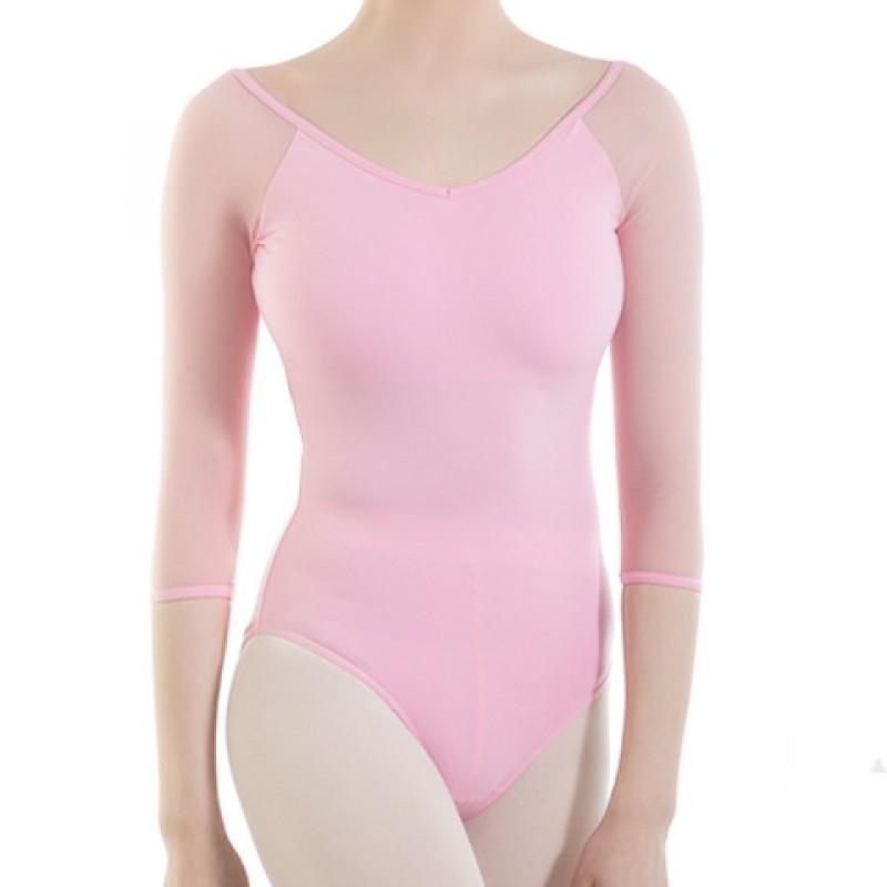Womens Mesh 7/8 Sleeve Dance Leotard With Deep V Back Ballet Gymnastics Fitness Training