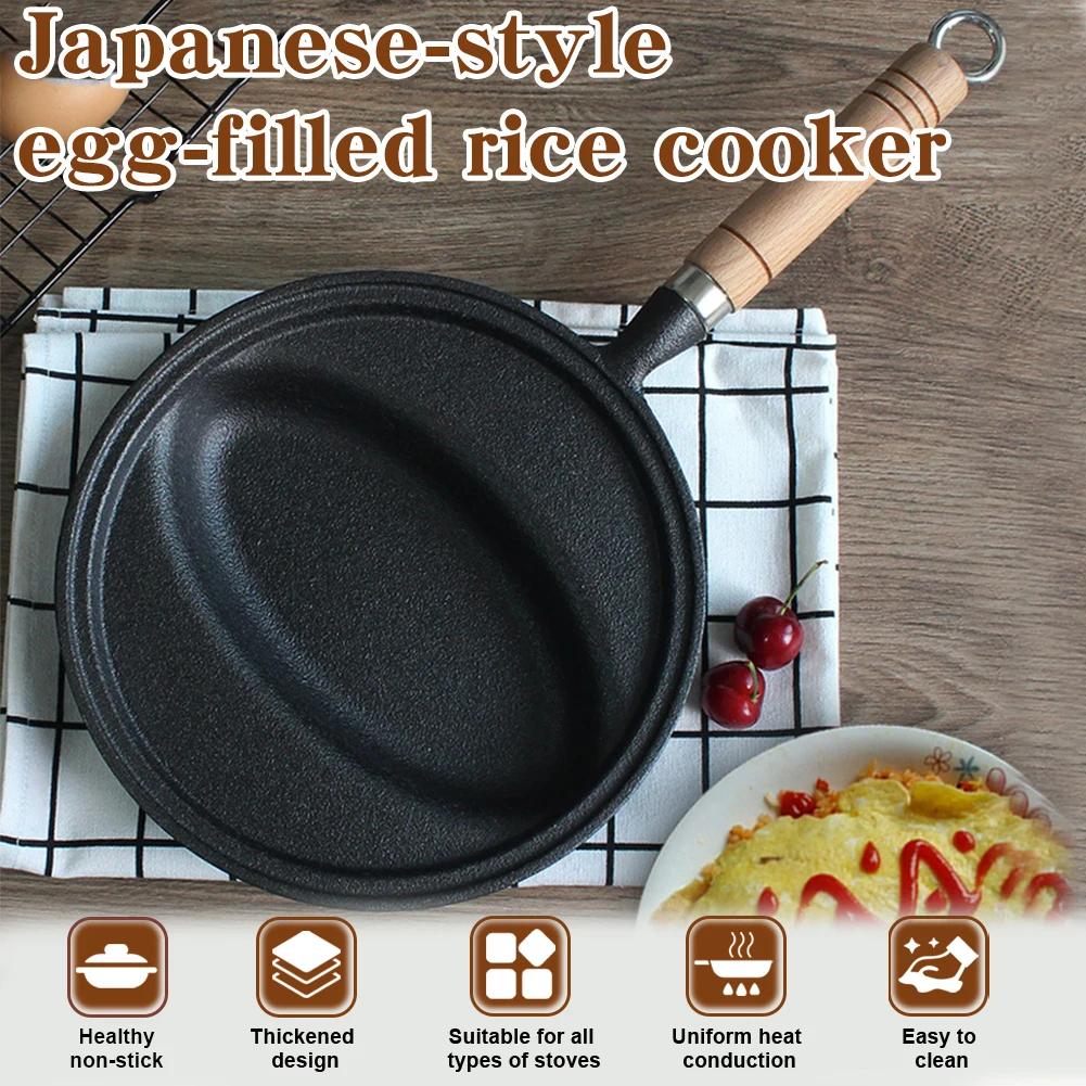 Cast Iron Frying Pan with Wood Handle Omurice Cooking Pot Non-Stick Pancake Mold Skillet Pan Anti-Scald for Home Kitchen
