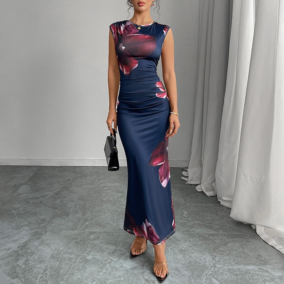 

Women Floral Print Ruched Cap Sleeve Slim Fit Mermaid Maxi Dress S темно-синього кольору