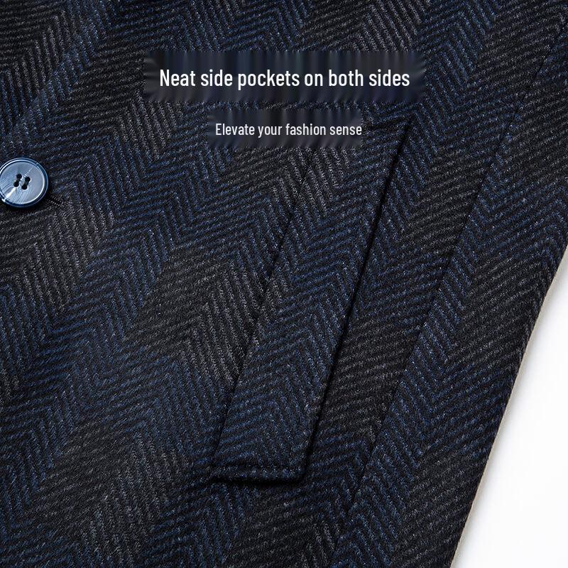 Men's Mid-Length Wool Blend Coat with Subtle Stripe Texture