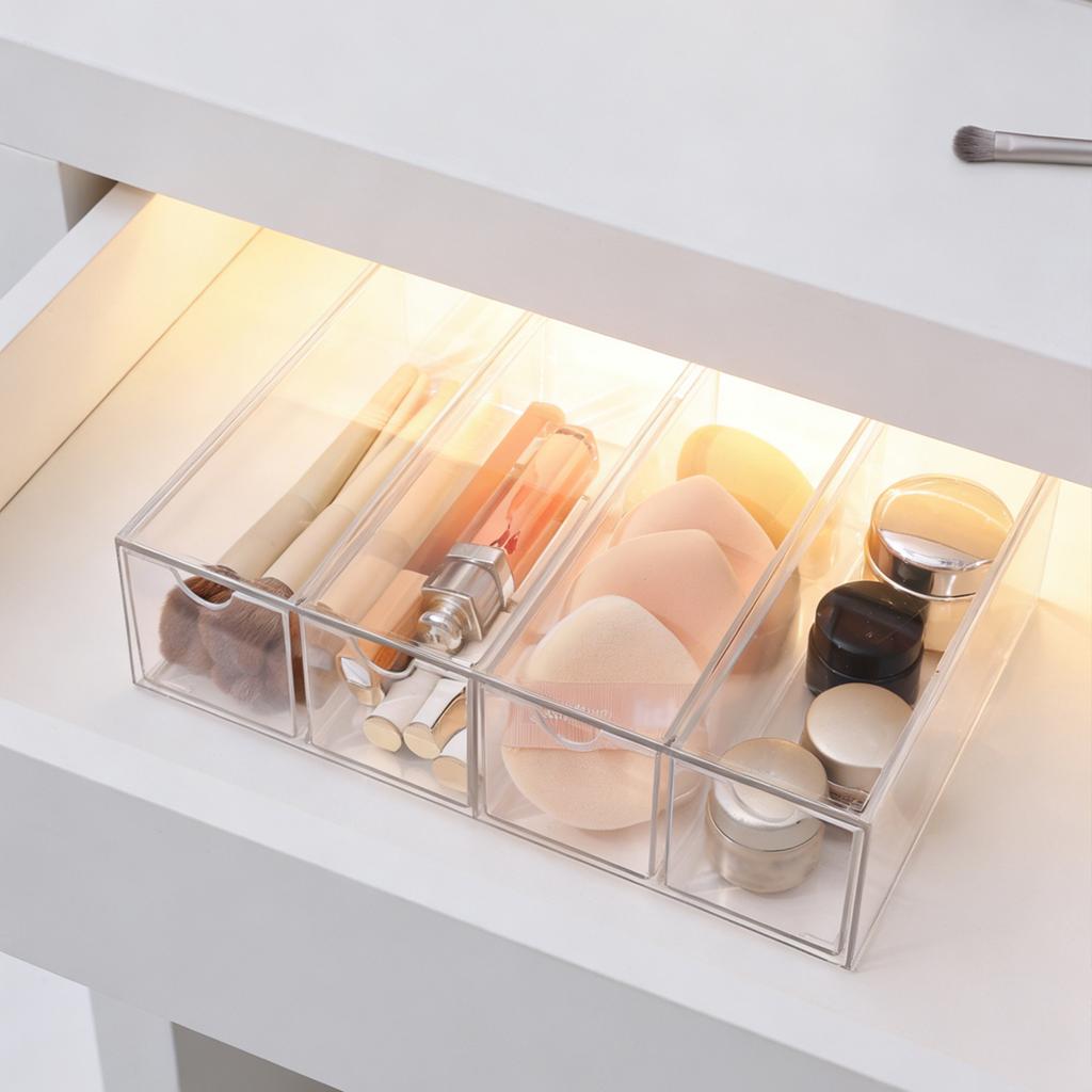 1 Stück einlagig vier Fächer transparent/weiß Acryl Kosmetik Aufbewahrungsbox, stapelbare Schubladen-Stil Schminktisch Display Box