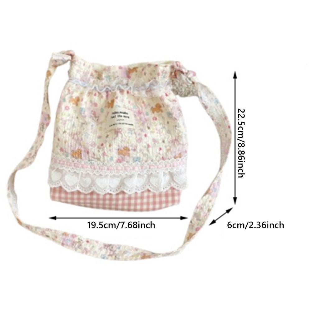 Floral Plaid Lace Shoulder Bags Cartoon Pattern Multicolor Drawstring Shoulder Bags Canvas Long Belt Crossbody Bag Daily Use