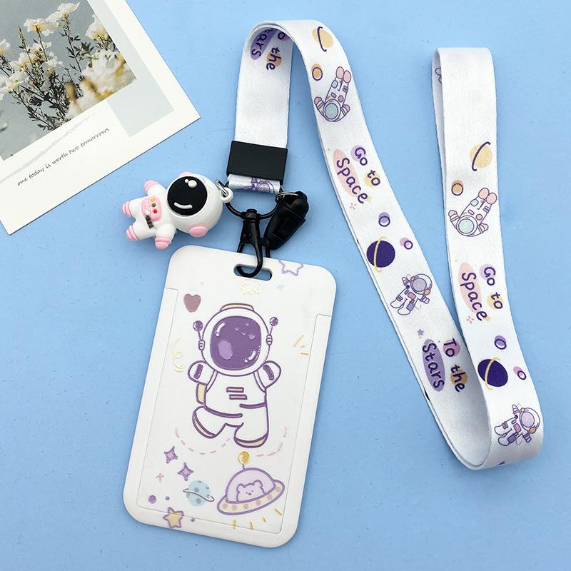 Women Men Work Card Cover White Astronaut Pattern Business Name Card Badge Holder Bus Access Guard Credit Card Case with Lanyard