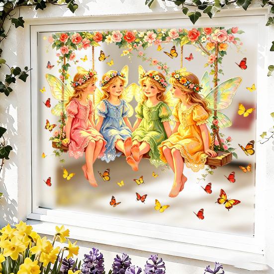 Fairy Window Sticker, Watercolor 4 Fairies Swing Window Cling, Colorful Flowers Butterflies Static Glass Decal for Kids Room Bedroom