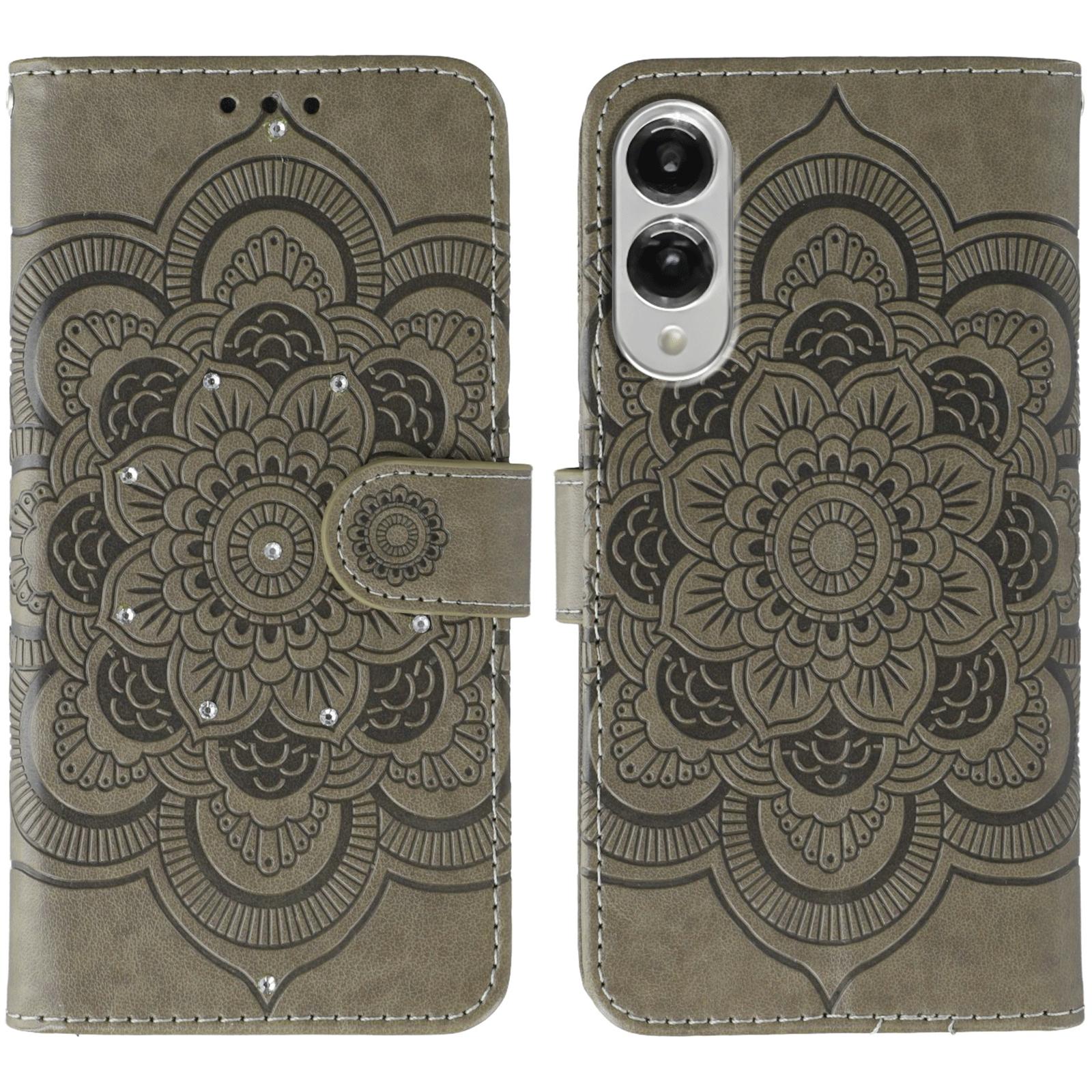 

For Samsung Galaxy S25 Edge Case Rhinestone Decor PU Leather Mandala Imprinted Design Phone Cover with Wrist Strap Grey