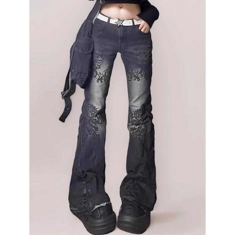 Black American Subculture Style Flared Jeans for Women, Summer Y2K Design, High-Waisted Slimming Pants, Plus Size for Curvy Women