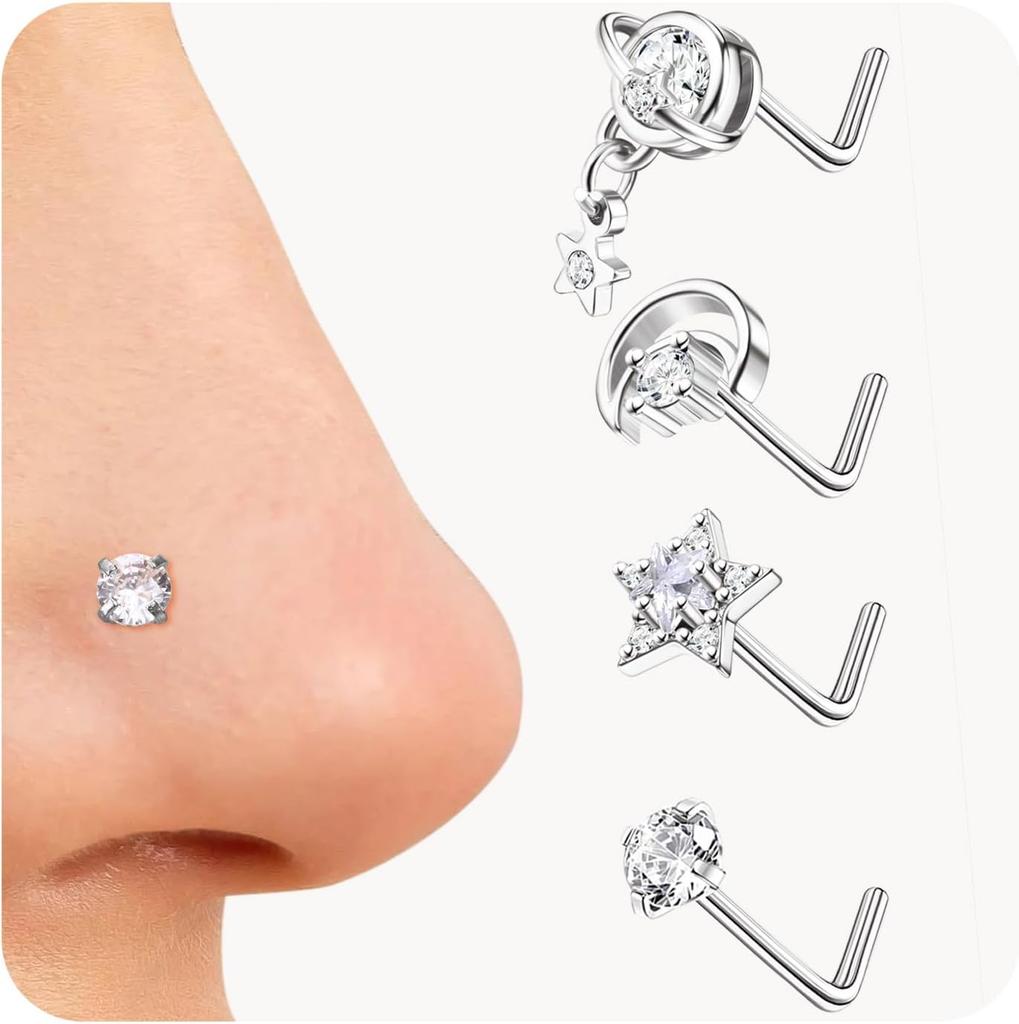 Bobisty Nose Rings Studs for Women Stainless Steel L Shaped Nose Studs Tiny Opal CZ Sunflower Bee Planet Nose Piercing Jewelry