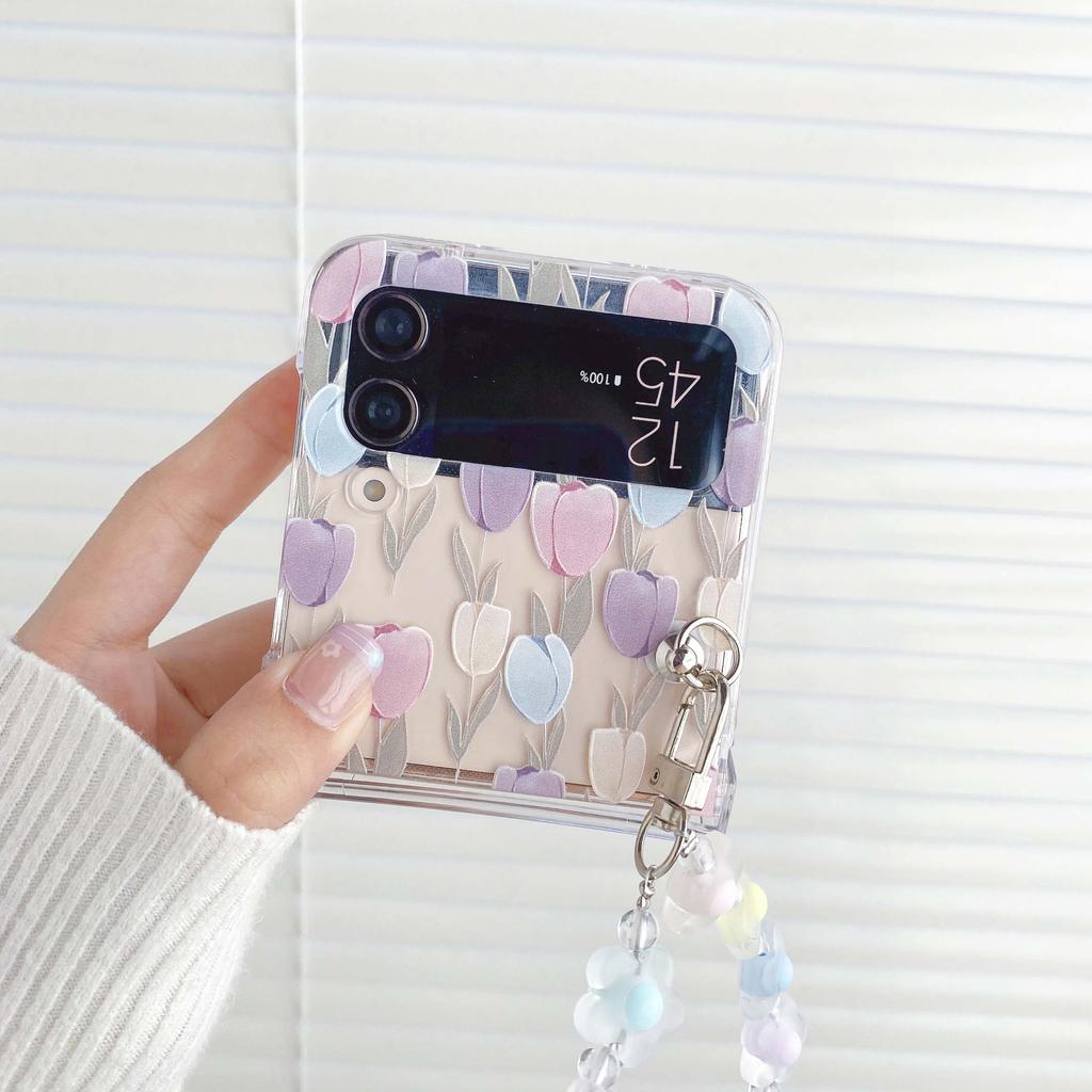 Cartoon Flower Relif Back Cover For Samsung Z Flip 3 4 5g Ins Bracelet Cute Lovely Love For Galaxy Flip3 Flip4 Phone Case
