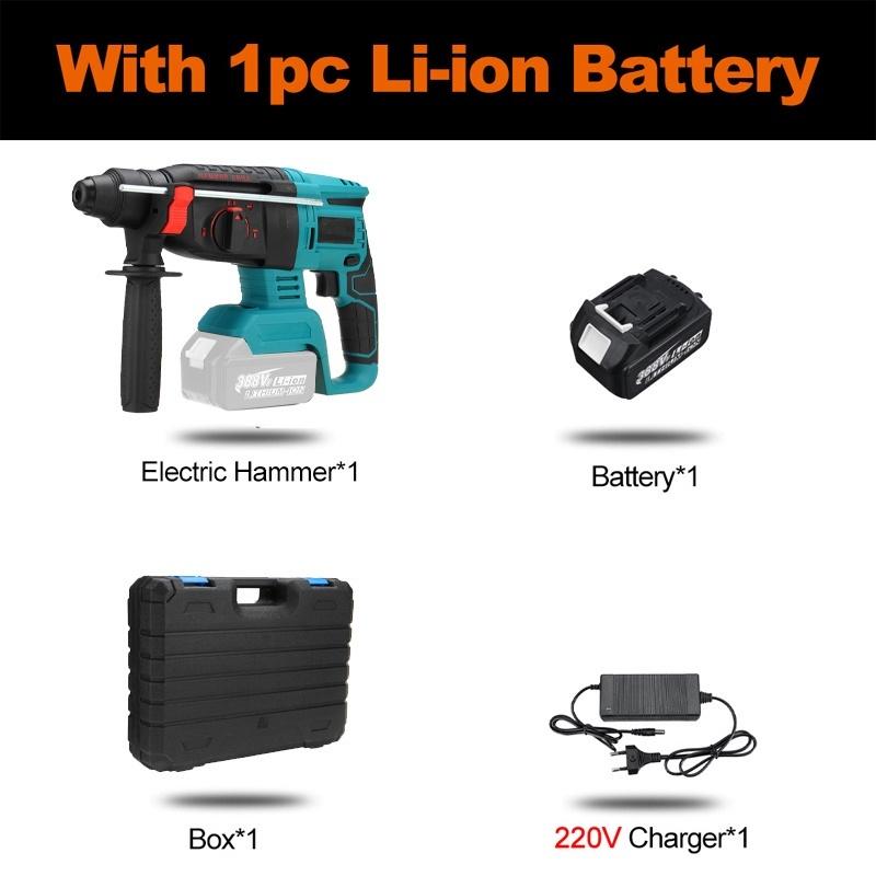 10pcs 0-6200rpm Rechargeable Cordless Rotary Hammer Impact Drill Brushless Electric Hammer Drill Perforator for 388VF 18V Battery