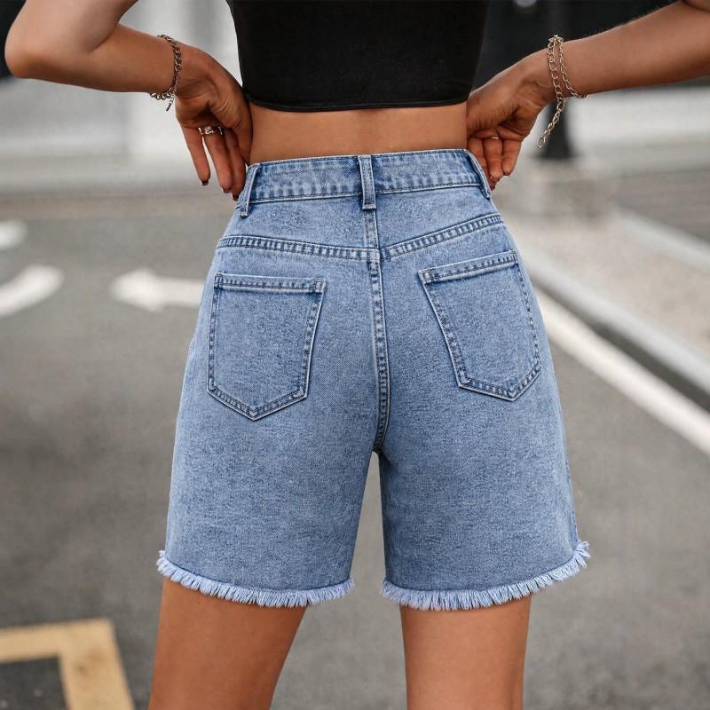 High Stretch Denim Shorts Women Washed Raw Hem Mid-Rise Straight Cut Casual Style