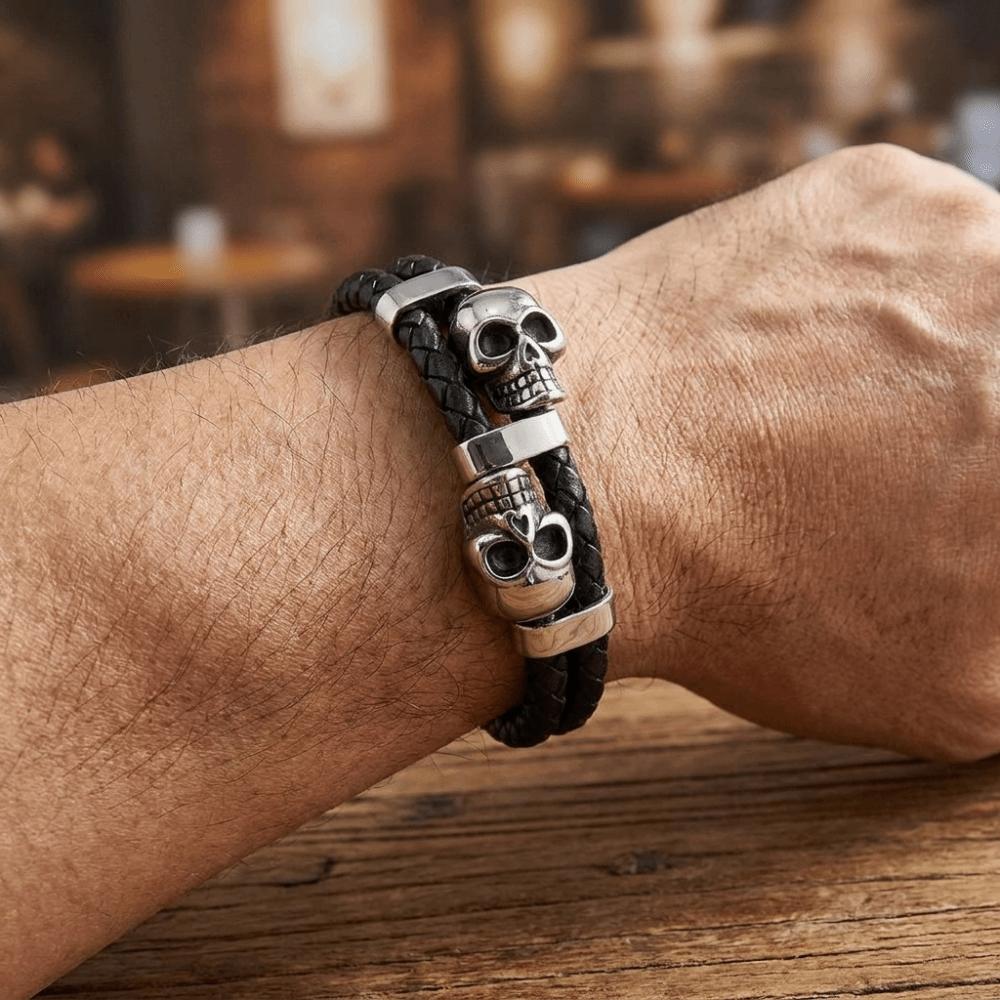 Punk Style Leather Braided Bracelets Unique Magnetic Hand Chain Gothic Skull Wristband Anniversary
