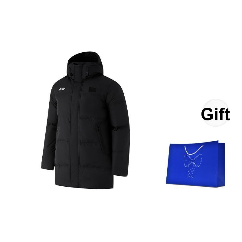 Li Ning Badminton Series Color Block Logo Mid-Length Down Jacket Men Outerwear Black AYMU341-1