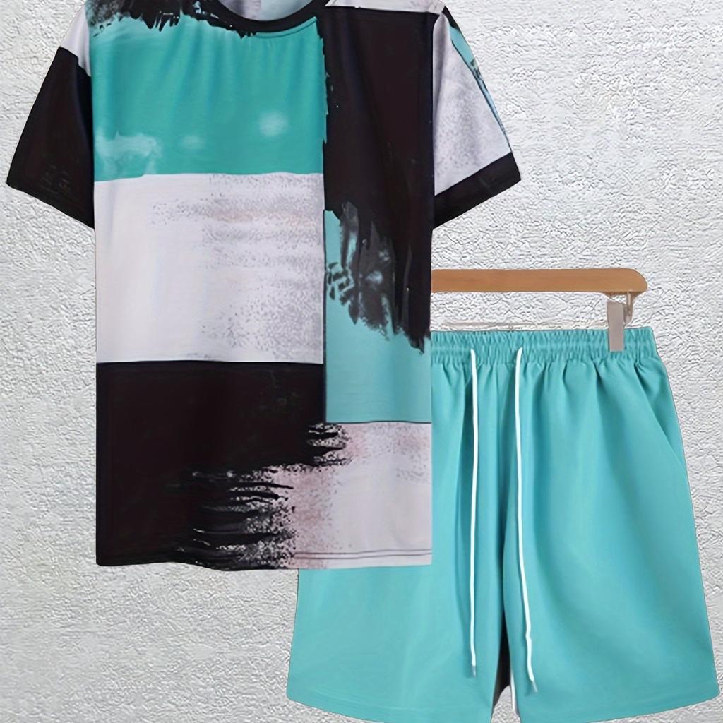 Plus Size Men's Contrast Color Summer Set, Short-sleeve T Shirt Shorts Set For Business, Fashion Casual Men Clothing