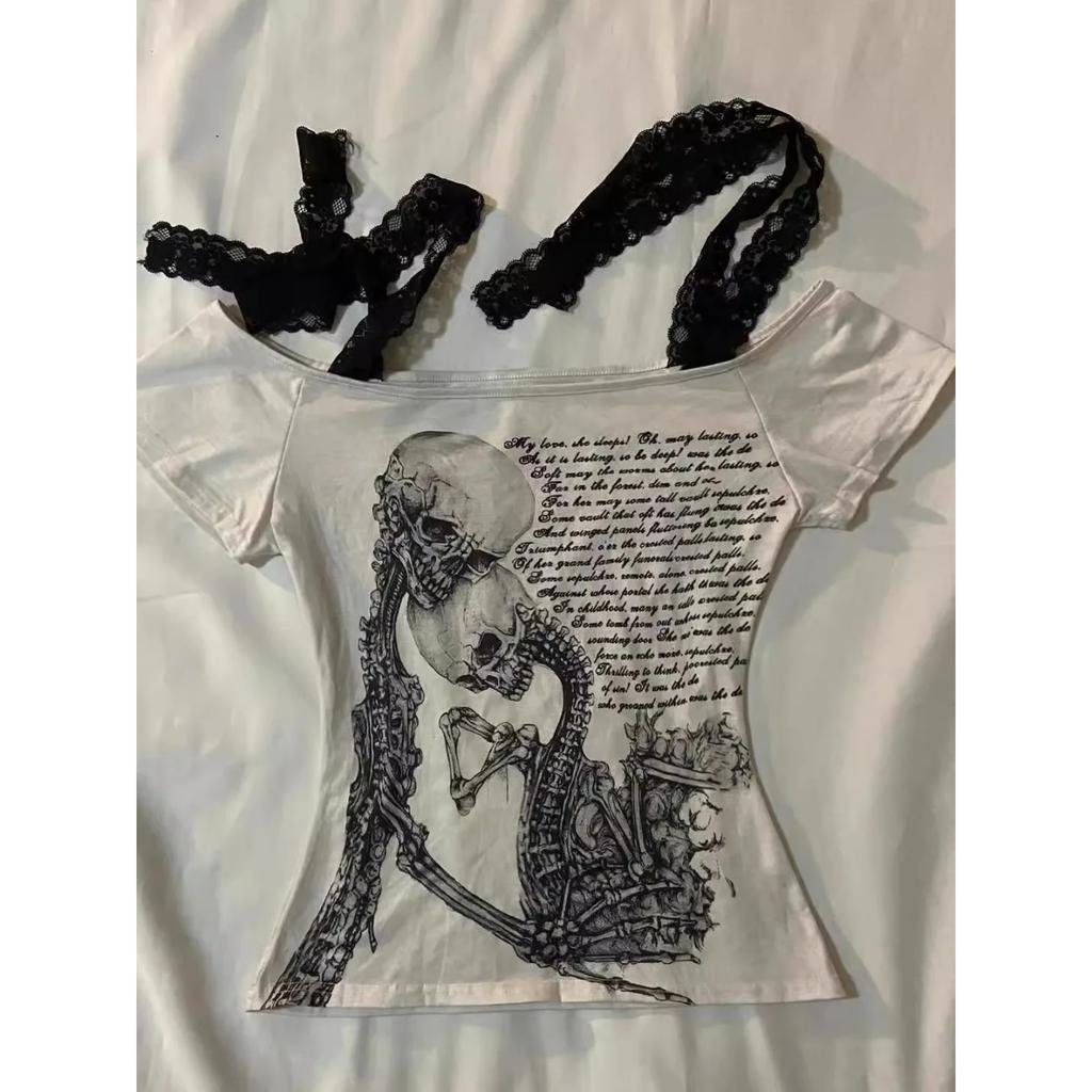 TrendHub Women Clothing Arcane Retro Stitch Skull Print Short-sleeved T-shirt Female Subculture Y2k Slim Lace-up Top Gothic Shoulder Tees