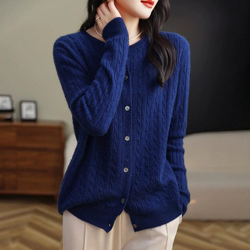 Omen's Spring Solid Color Cozy Lazy Style Cardigan Sweater Round Neck Knit Jacket