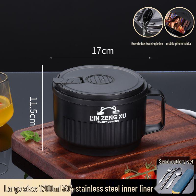 Japanese Style Large Capacity 304 Stainless Steel Noodle Bowl with Lid for Dormitory Students - Heat Preserving Meal Server