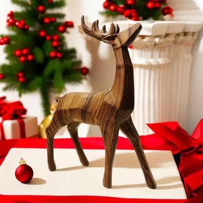Hand Simulation Reindeer Tabletop Statue Resin Standing Geometric Reindeer Statue Wood Grain Geometric Reindeer Decoration