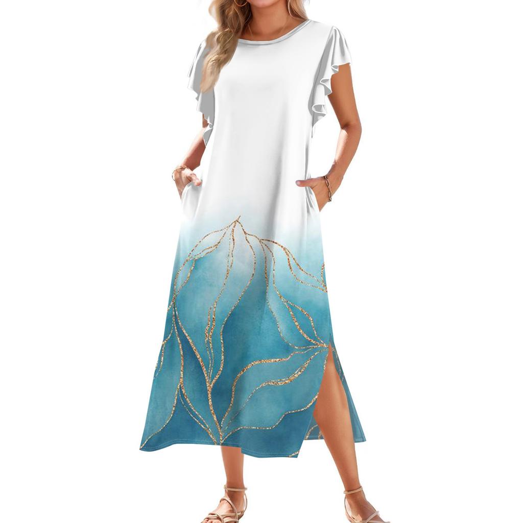Ladies' Fashionable Summer Casual Pleated Sleeves, Loose Retro Floral Print, Short Sleeves, Round Tie, Pocket Beach Dress