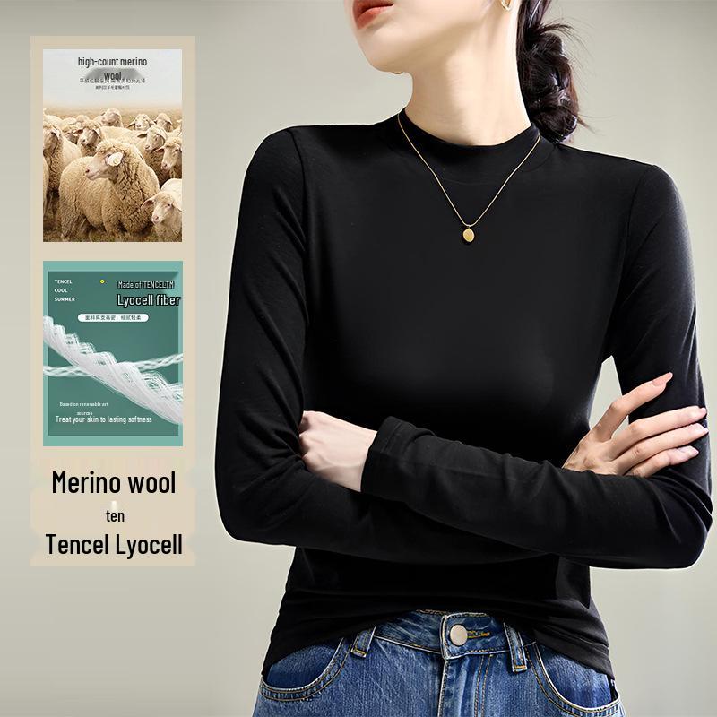 Damen Schwarzes Tencel Merino Wolle Slim Fit Langarm Baselayer Oberteil - Semi-High Neck, Herbst/Winter 2025 Kollektion.