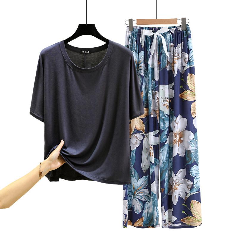 T-shirt girocollo in modal con pantaloni a gamba larga floreali in popeline Set pigiama estivo sottile Tuta casual larga per dormire Loungewear comodo tutto da abbinare