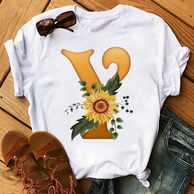 Maycaur Women's T Shirt Custom Name Letter Combination Print Tshirt Sunflower Letter Font A B C D E F G Short Sleeve Ladies Tops