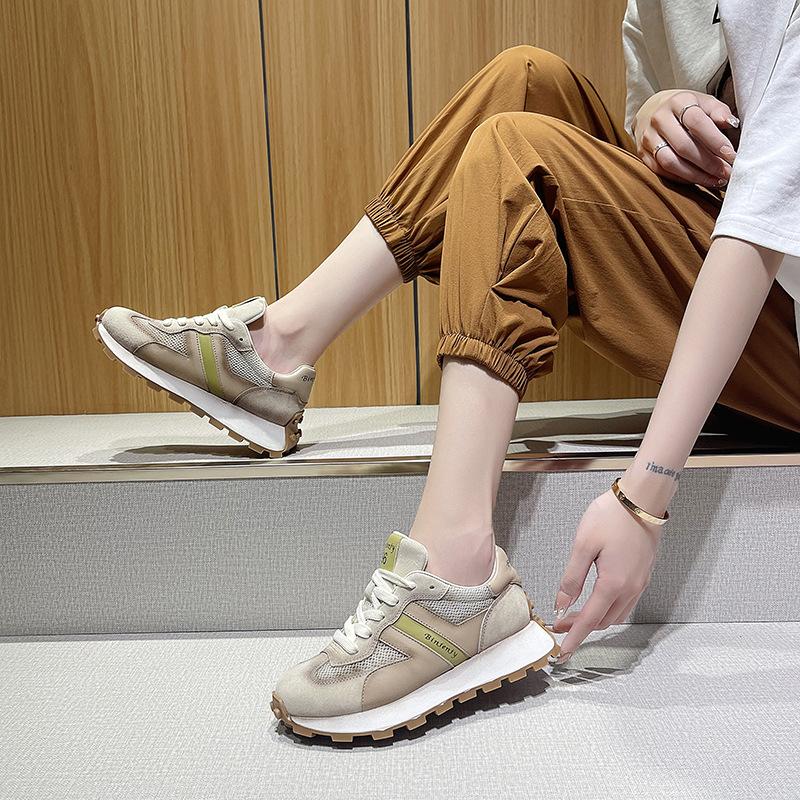 Women's Retro Distressed Sneakers Suede Mesh Patchwork Lace-up Chunky Platform Shoes