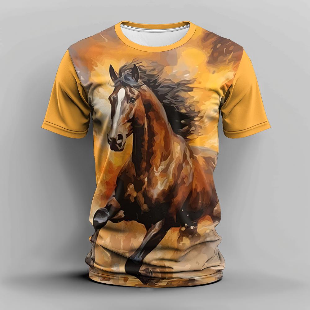 Summer Men's T Shirt 3d Horse Print Casual Crew Neck Short Sleeve Tee Oversized Clothing Animal T-Shirts Fashion Streetwear Race