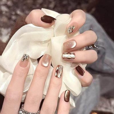 24 Pezzi Occhio di Gatto Colore Caffè Scacchi Flash Diamante Moda Bianco Versatile Retrò Flash Unghia