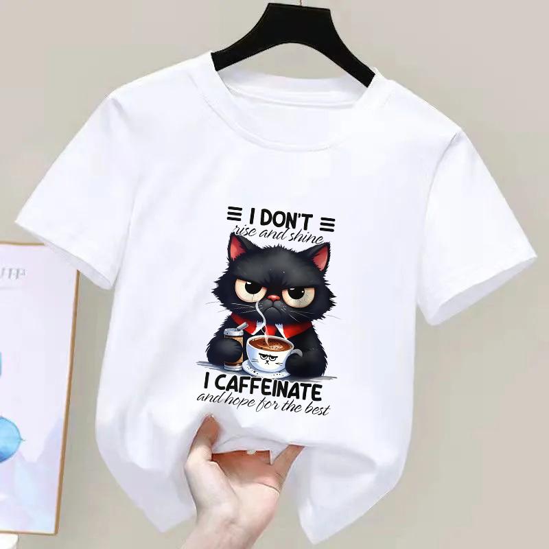 Coffee Loving Cat Print Kids 100 Cotton TShirt Soft Breathable Round Neck Short Sleeve Tee Boysgirls Quirky Style