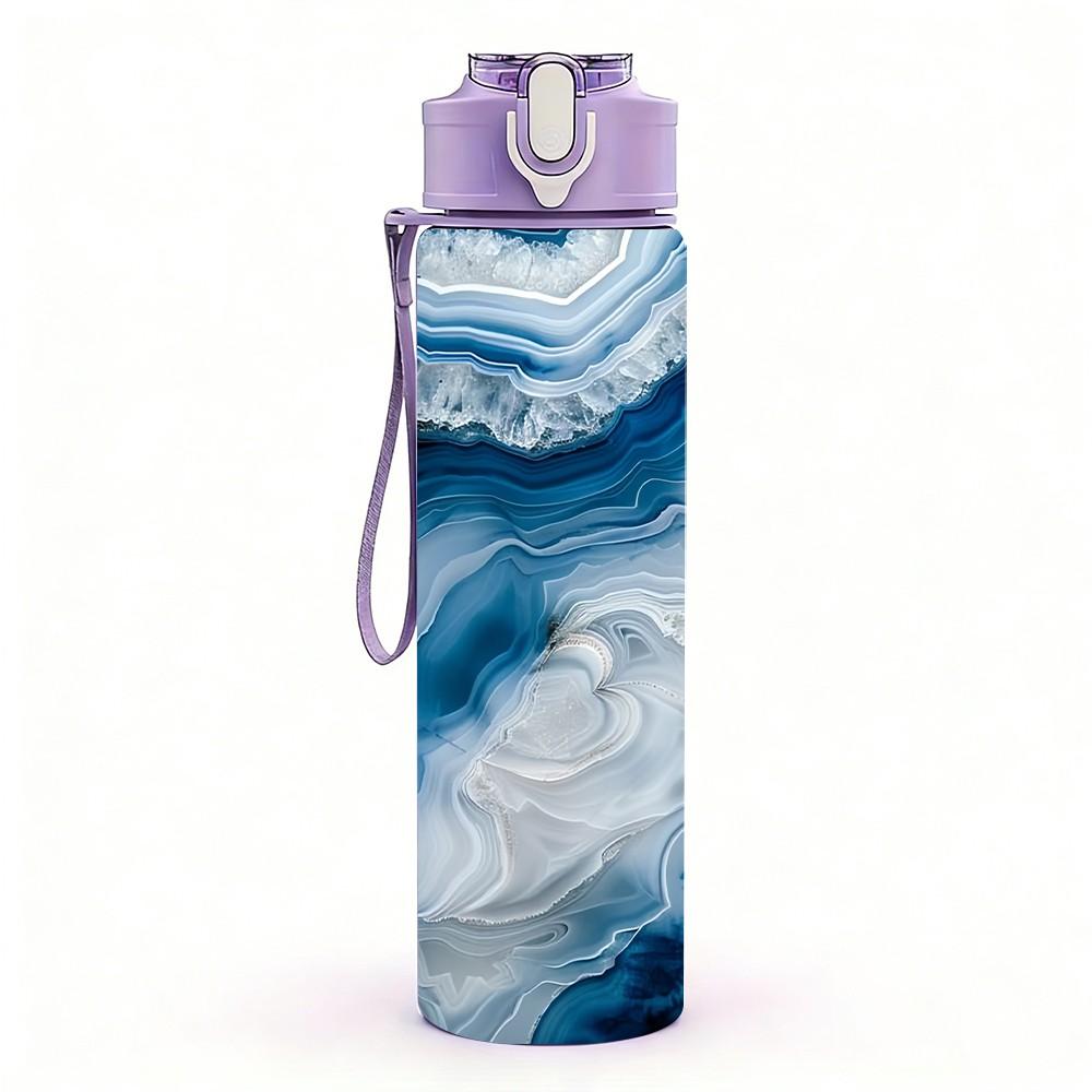 1PC Deep Blue White Gold Vein Marble Texture 750ml Color Plastic Sports Water Bottle Leakproof Flip Straw Lid Suitable for Sports Office Home Use