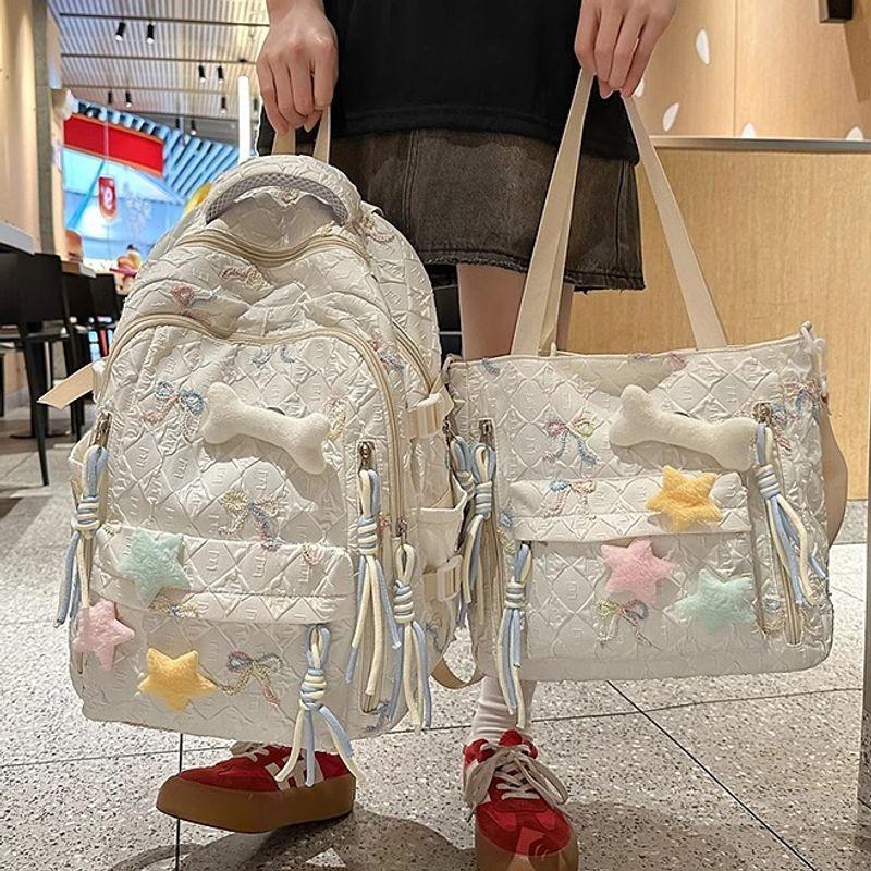 

Junior High School Student Minimalist Easiest for Match Preppy Style Ins Style High School Student Grade 3-6 Primary School Student Cute Backpack Beige Two-piece set 2 + Bones star