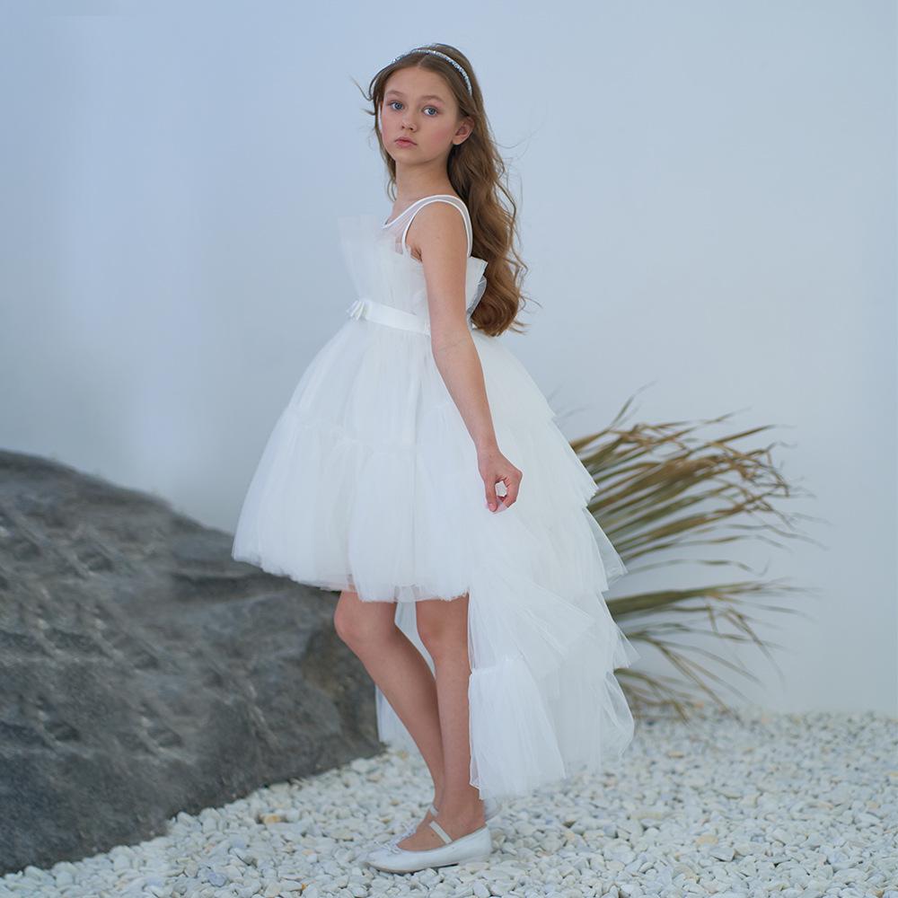 Girls' Princess Layered Puffy Train Gown for Piano Performances & Runway