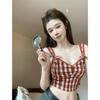 Spice Girl Lace Suspender Top Women's Summer Clothing Plaid Retro Skinny Short Small Sleeveless Vest Outside Pure Desire