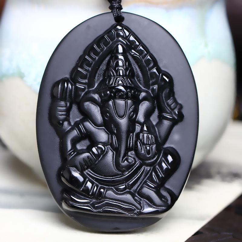Kryształowy Obsydian Tajski Ganesha Czteroramienny Amulet Bogactwa z Wisiorkiem Matki i Słoniątka