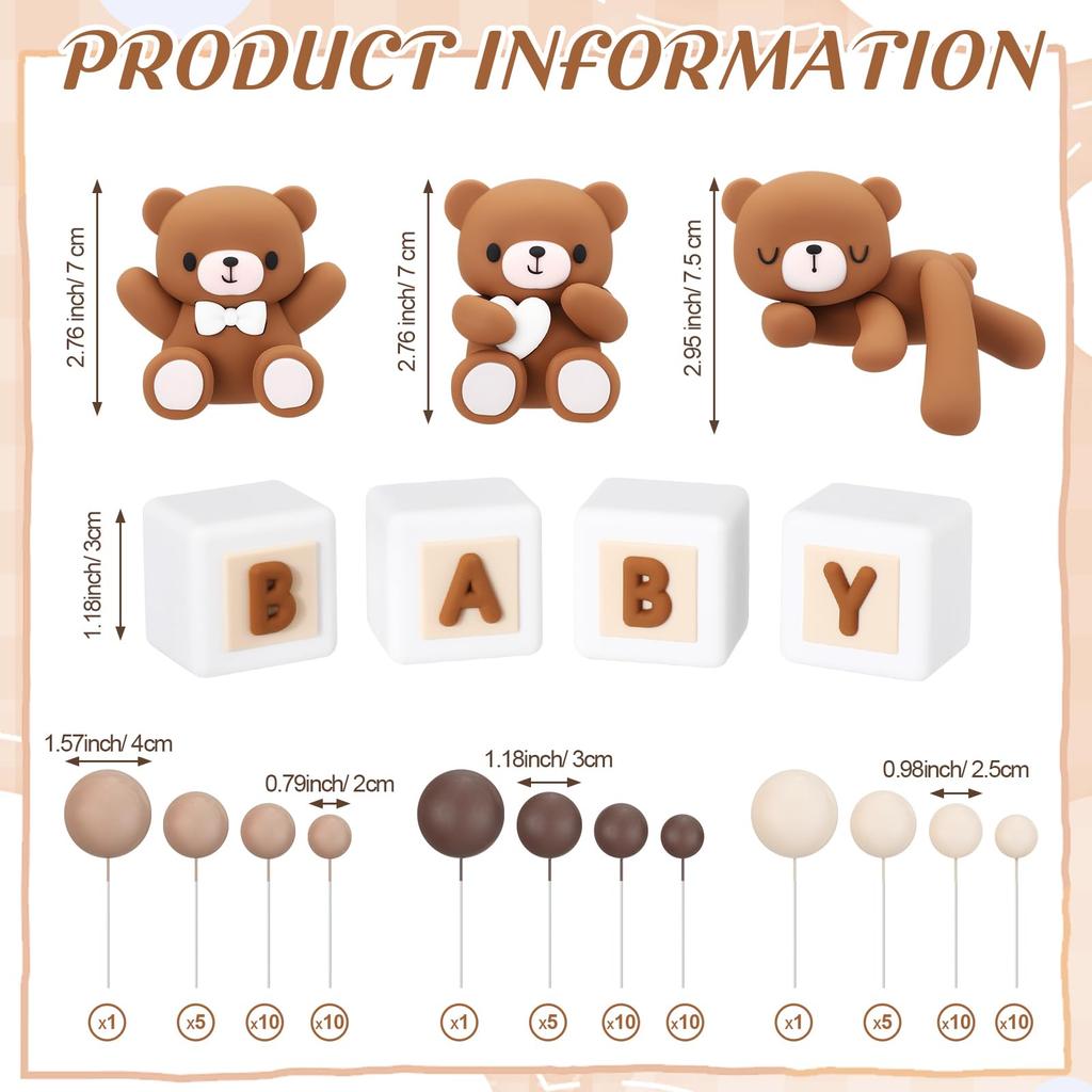 85 ks 3D medvědí dortový topper Tři pózy medvědů Hnědá série Pěnová koule Baby písmena pro Baby Shower Oslavu narozenin Dekorace